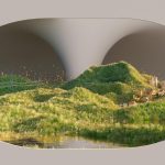 Surreal AI-rendered landscape blending nature with modern city elements.