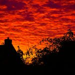 Silhouetted rooftops and foliage against a vivid sunset sky in Milton Keynes.